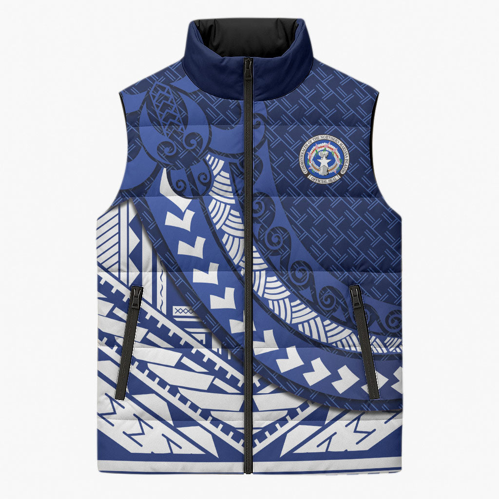 Northern Mariana Islands Saipan Sleeveless Puffer Jacket Polynesian Tribal Pattern - Commonwealth Seal Art TS04 Unisex Blue White - Polynesian Pride