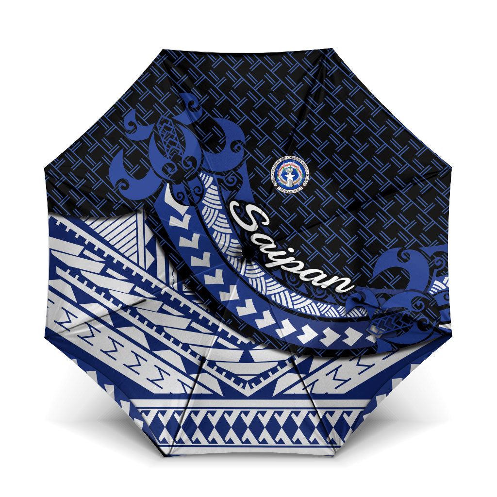 Northern Mariana Islands Saipan Umbrella Polynesian Tribal Pattern - Commonwealth Seal Art TS04 One Size Folded 11.42 inch Opened Diameter 37.4 inch Blue White - Polynesian Pride