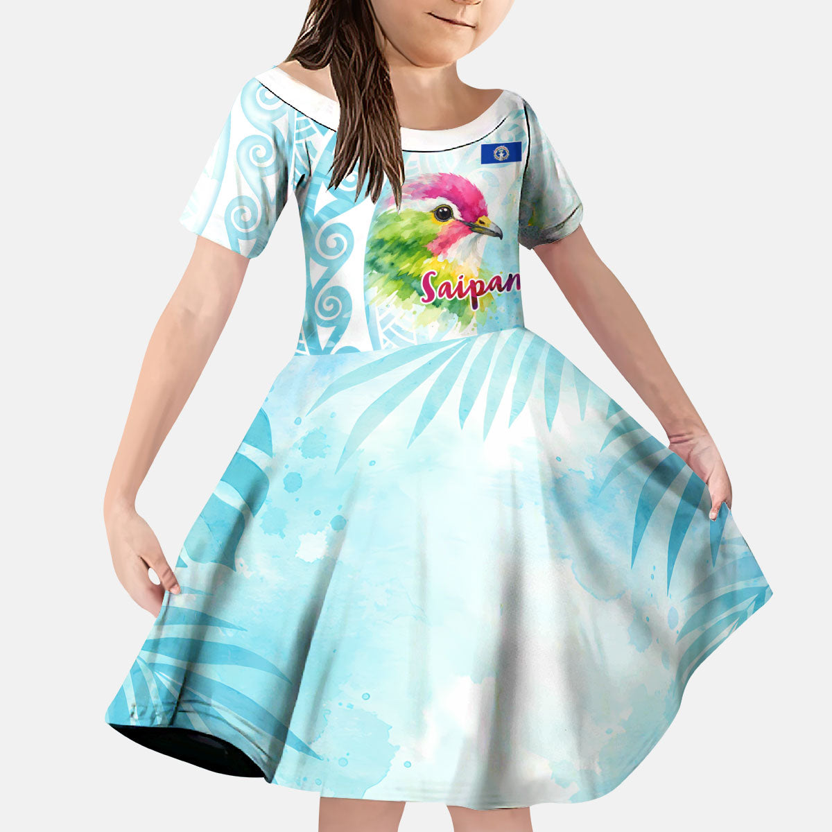 Saipan CMNI Kid Short Sleeve Dress Polynesian Northern Mariana Islands Fruit Dove Watercolor TS04 KID Blue White - Polynesian Pride