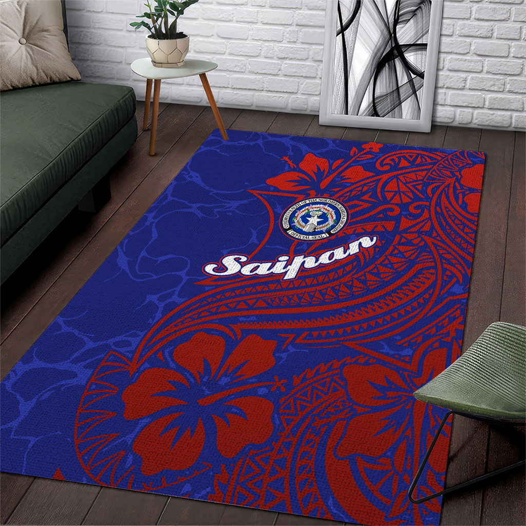 Saipan Northern Mariana Islands Area Rug Polynesian Tribal Tattoo Art With Hibiscus Flowers And Seal TS04 Blue Red - Polynesian Pride
