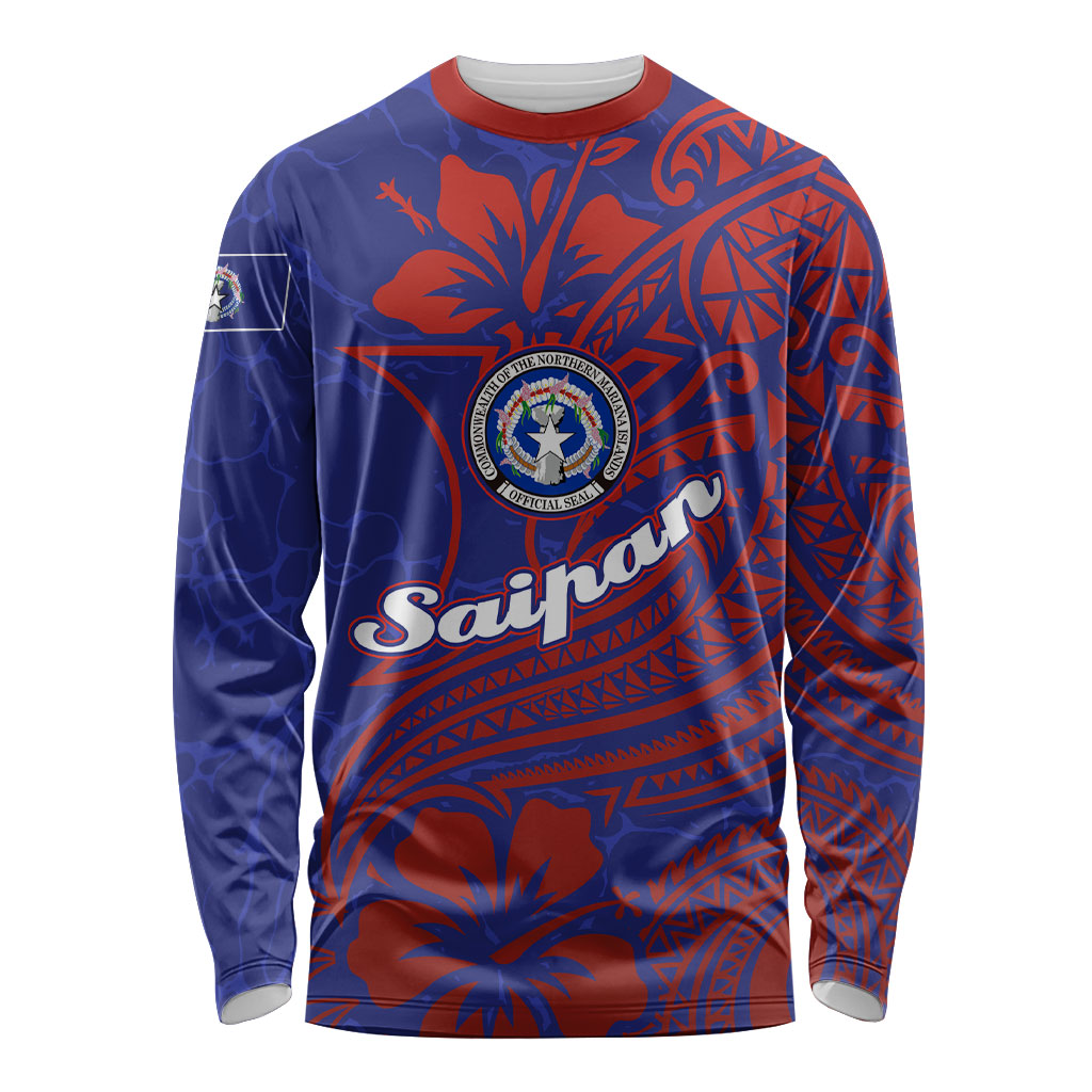 Saipan Northern Mariana Islands Long Sleeve Shirt Polynesian Tribal Tattoo Art With Hibiscus Flowers And Seal TS04 Unisex Blue Red - Polynesian Pride