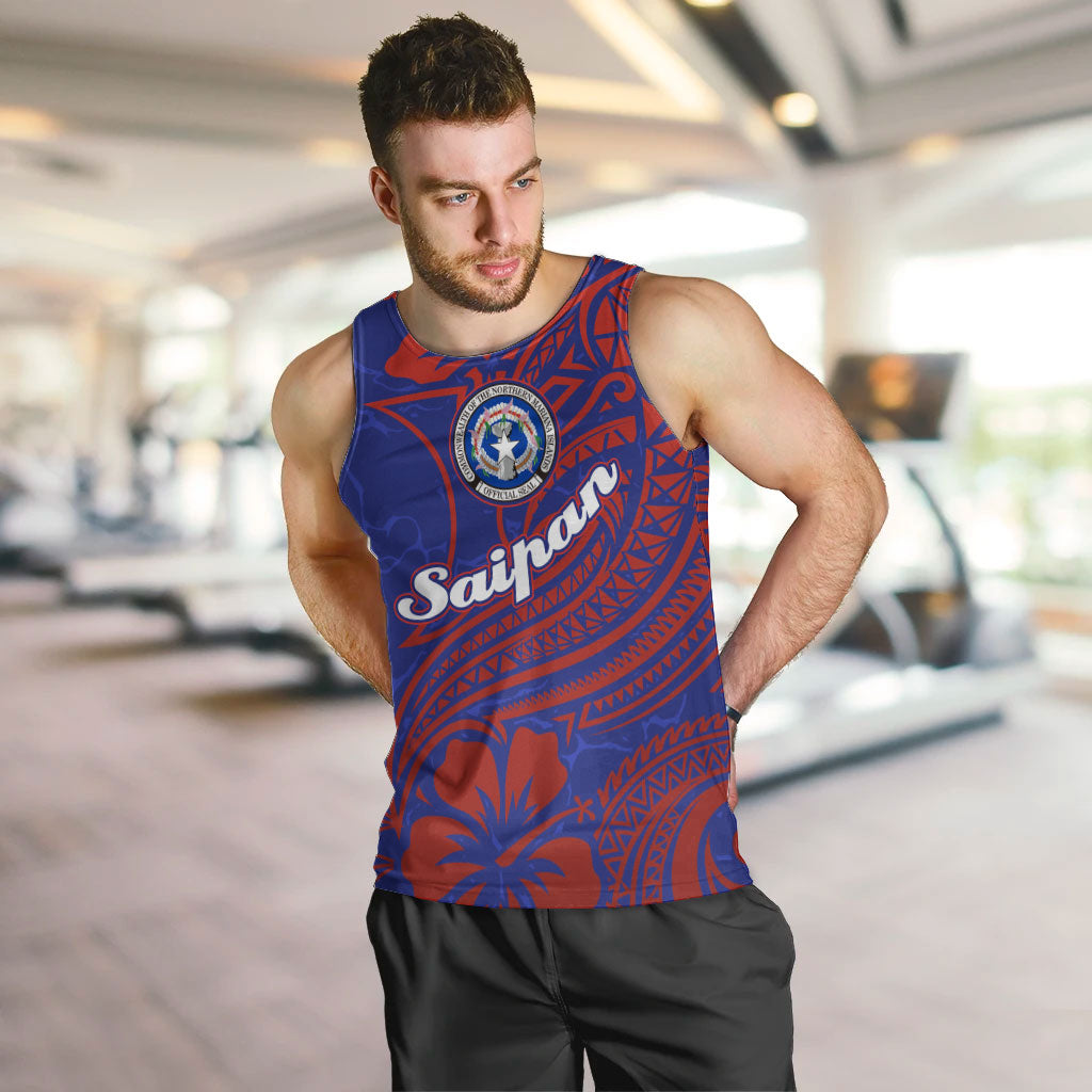 Saipan Northern Mariana Islands Men Tank Top Polynesian Tribal Tattoo Art With Hibiscus Flowers And Seal TS04 Blue Red - Polynesian Pride