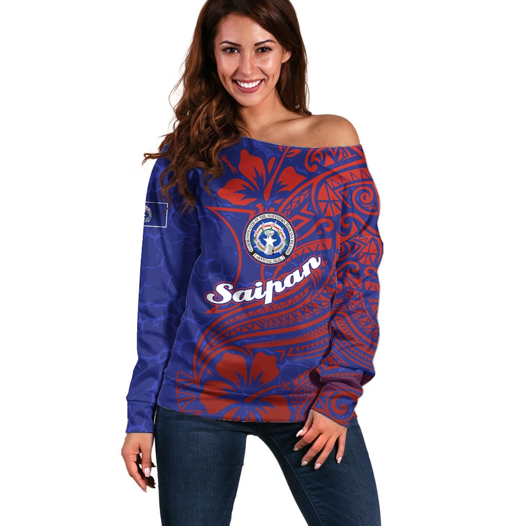 Saipan Northern Mariana Islands Off Shoulder Sweater Polynesian Tribal Tattoo Art With Hibiscus Flowers And Seal TS04 Women Blue Red - Polynesian Pride