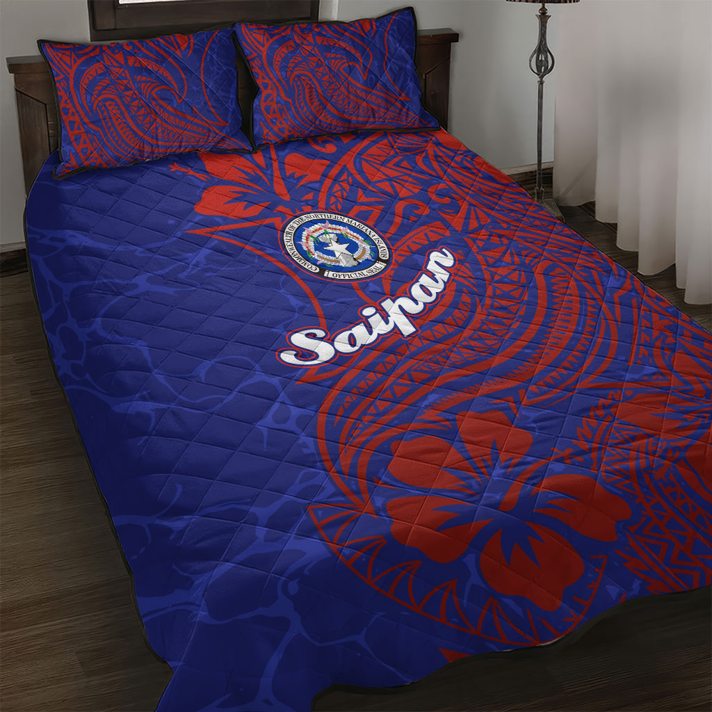 Saipan Northern Mariana Islands Quilt Bed Set Polynesian Tribal Tattoo Art With Hibiscus Flowers And Seal TS04 Blue Red - Polynesian Pride
