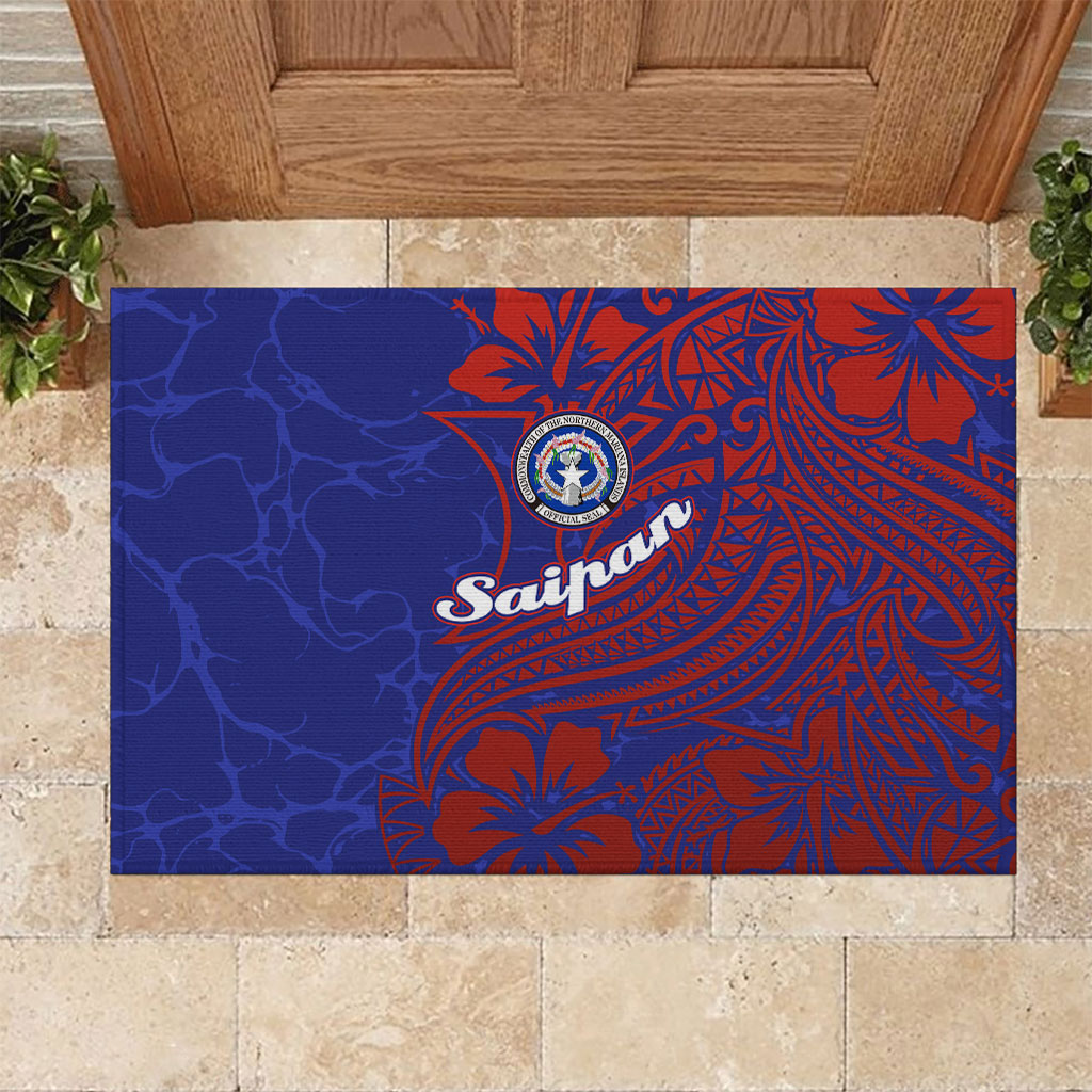 Saipan Northern Mariana Islands Rubber Doormat Polynesian Tribal Tattoo Art With Hibiscus Flowers And Seal TS04 Blue Red - Polynesian Pride
