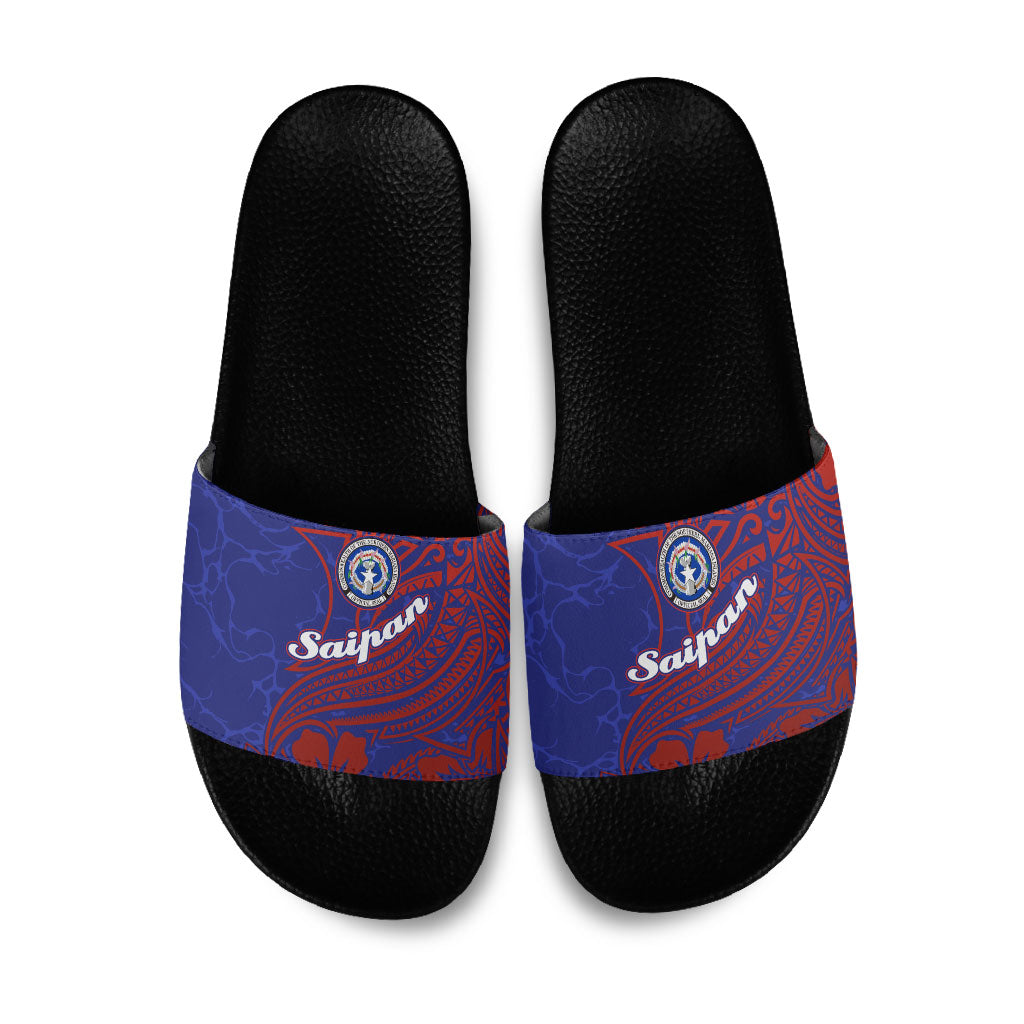 Saipan Northern Mariana Islands Slide Sandals Polynesian Tribal Tattoo Art With Hibiscus Flowers And Seal TS04 Blue Red - Polynesian Pride