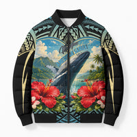 Personalized Masefau American Samoa Whale Bomber Puffer Jacket Polynesian Tribal Pattern Tropical Hibiscus TS04 Unisex Black Blue - Polynesian Pride