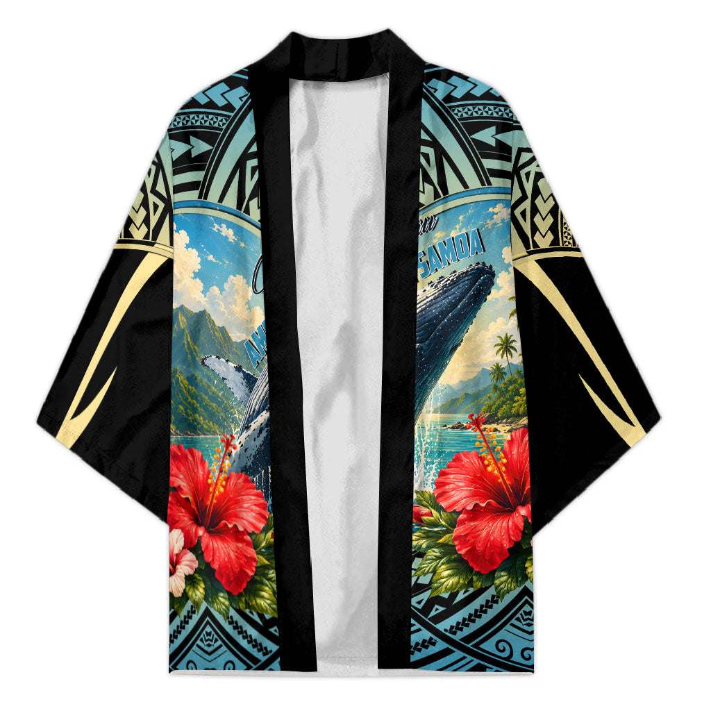 Personalized Masefau American Samoa Whale Kimono Polynesian Tribal Pattern Tropical Hibiscus TS04 Unisex Black Blue - Polynesian Pride