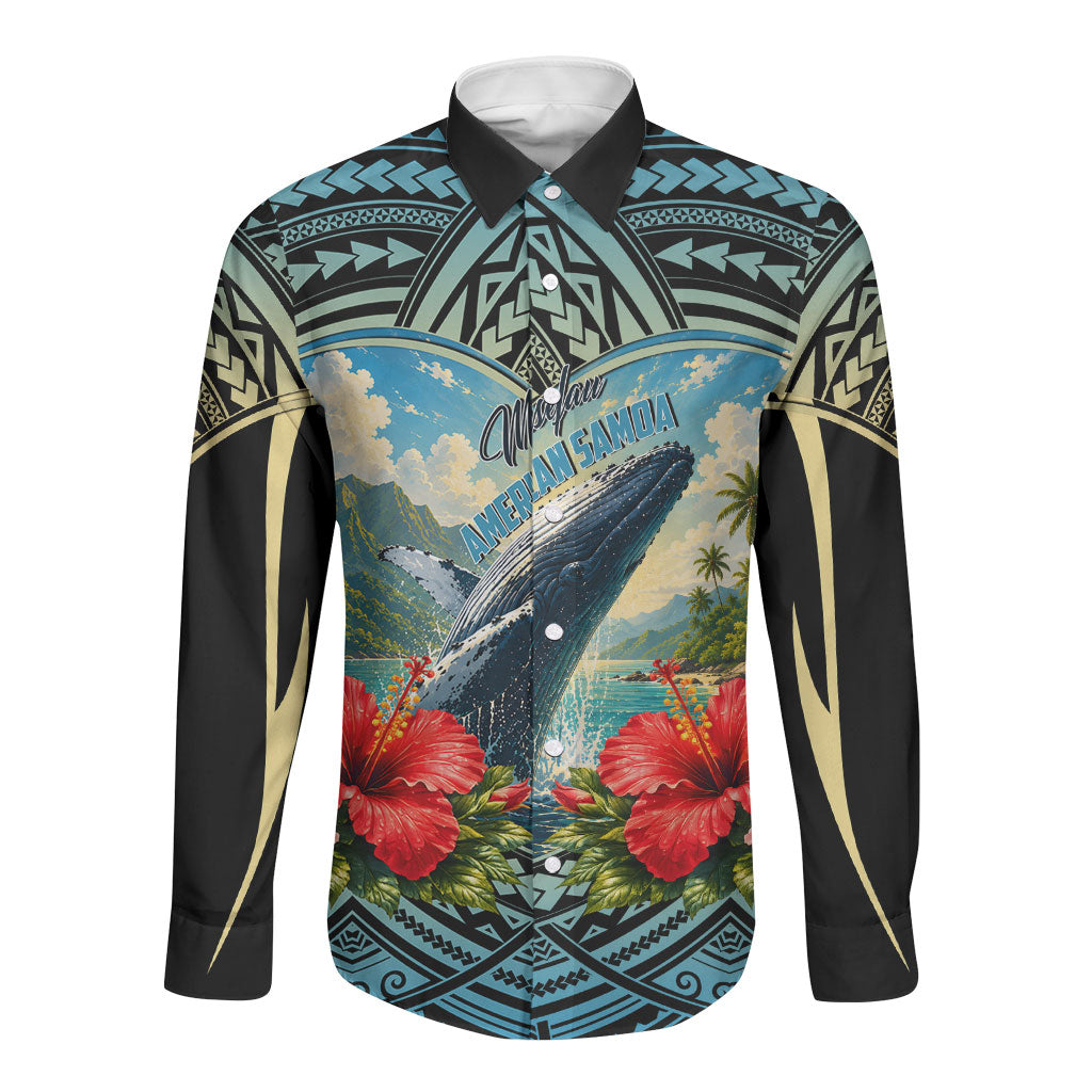 Personalized Masefau American Samoa Whale Long Sleeve Button Shirt Polynesian Tribal Pattern Tropical Hibiscus TS04 Unisex Black Blue - Polynesian Pride