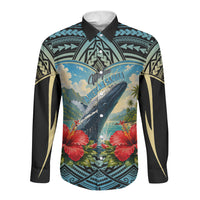 Personalized Masefau American Samoa Whale Long Sleeve Button Shirt Polynesian Tribal Pattern Tropical Hibiscus TS04 Unisex Black Blue - Polynesian Pride