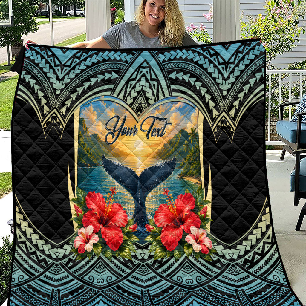 Personalized Masefau American Samoa Whale Quilt Polynesian Tribal Pattern Tropical Hibiscus TS04 Black Blue - Polynesian Pride