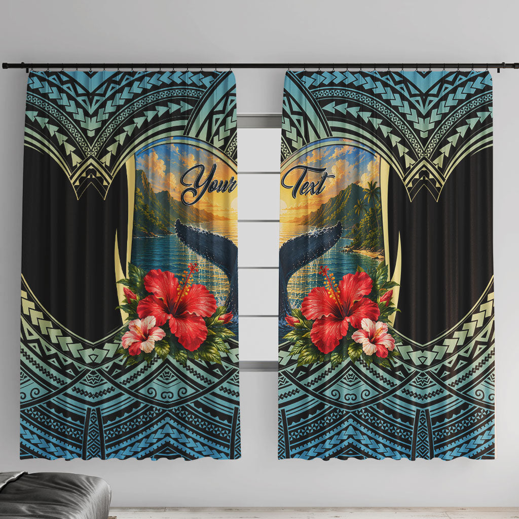 Personalized Masefau American Samoa Whale Window Curtain Polynesian Tribal Pattern Tropical Hibiscus TS04 With Hooks Black Blue - Polynesian Pride