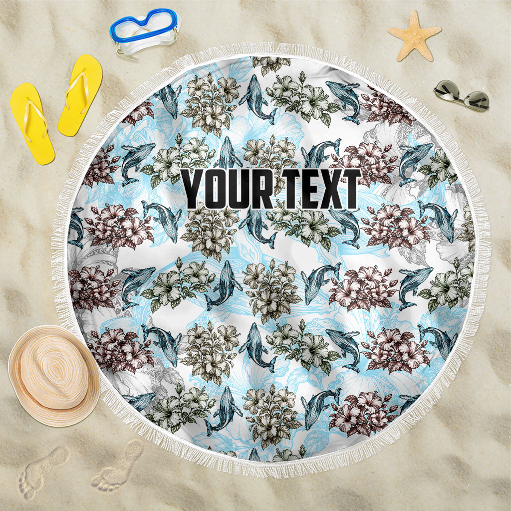 Personalized Masefau American Samoa Beach Blanket Vintage Whale Hibiscus Ocean Waves TS04 One Size 150cm White Blue - Polynesian Pride