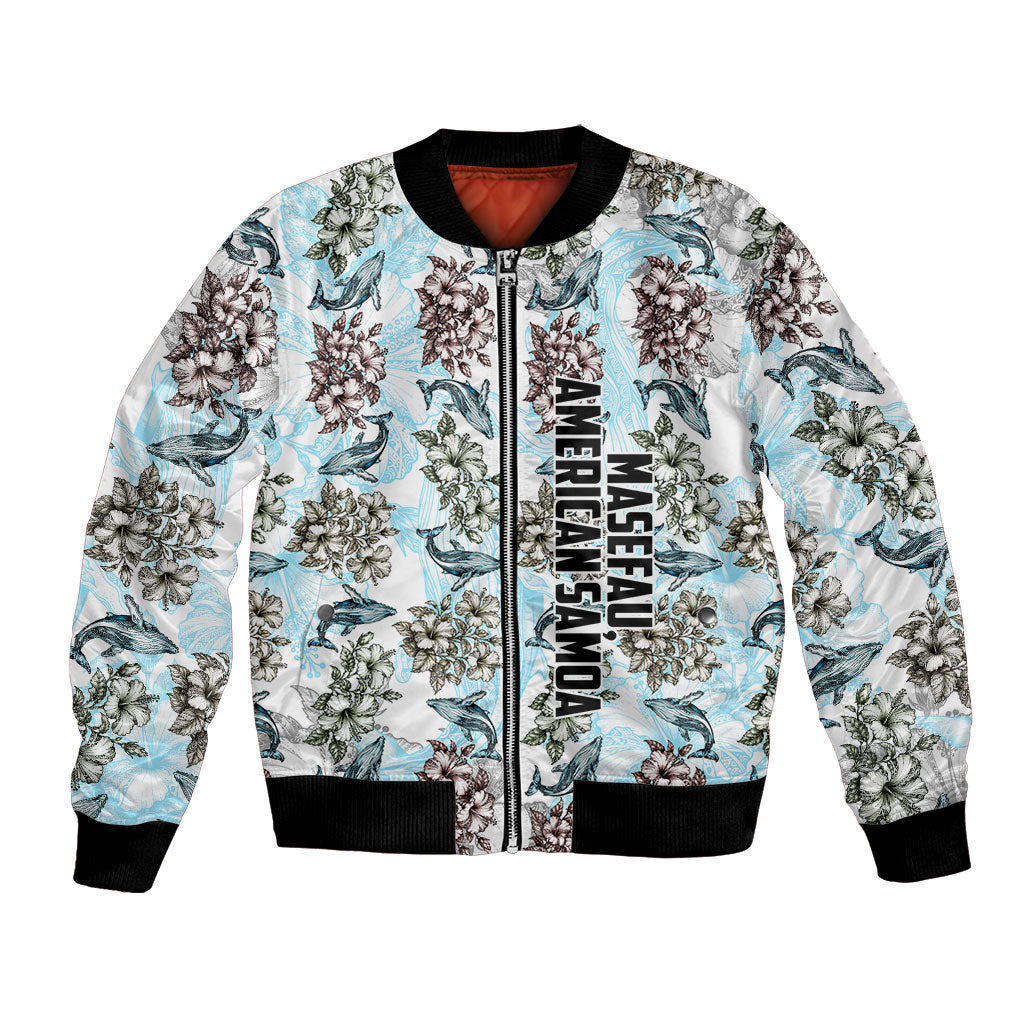 Personalized Masefau American Samoa Bomber Jacket Vintage Whale Hibiscus Ocean Waves TS04 Unisex White Blue - Polynesian Pride