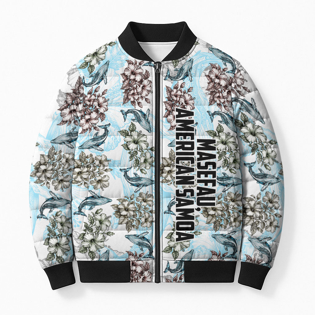 Personalized Masefau American Samoa Bomber Puffer Jacket Vintage Whale Hibiscus Ocean Waves TS04 Unisex White Blue - Polynesian Pride