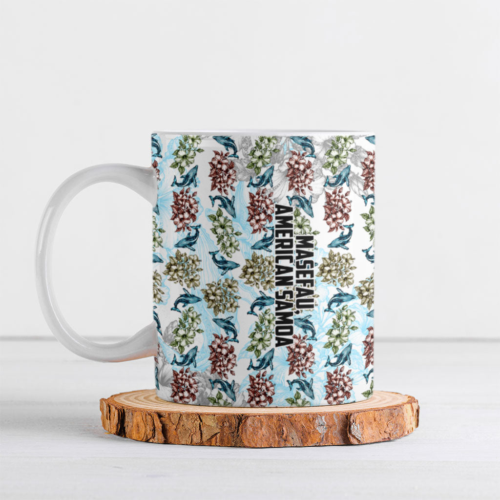 Personalized Masefau American Samoa Ceramic Mug Vintage Whale Hibiscus Ocean Waves TS04 White Blue - Polynesian Pride