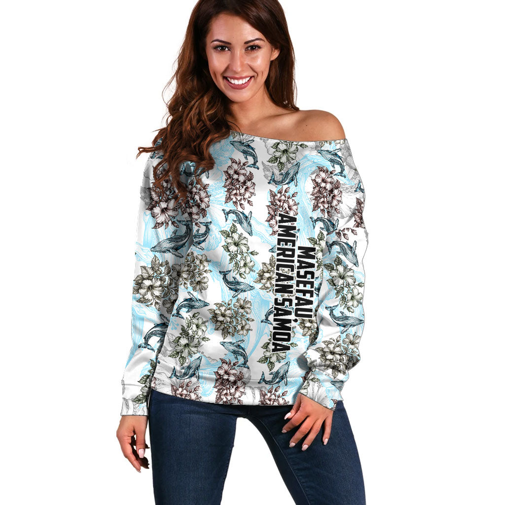 Personalized Masefau American Samoa Off Shoulder Sweater Vintage Whale Hibiscus Ocean Waves TS04 Women White Blue - Polynesian Pride