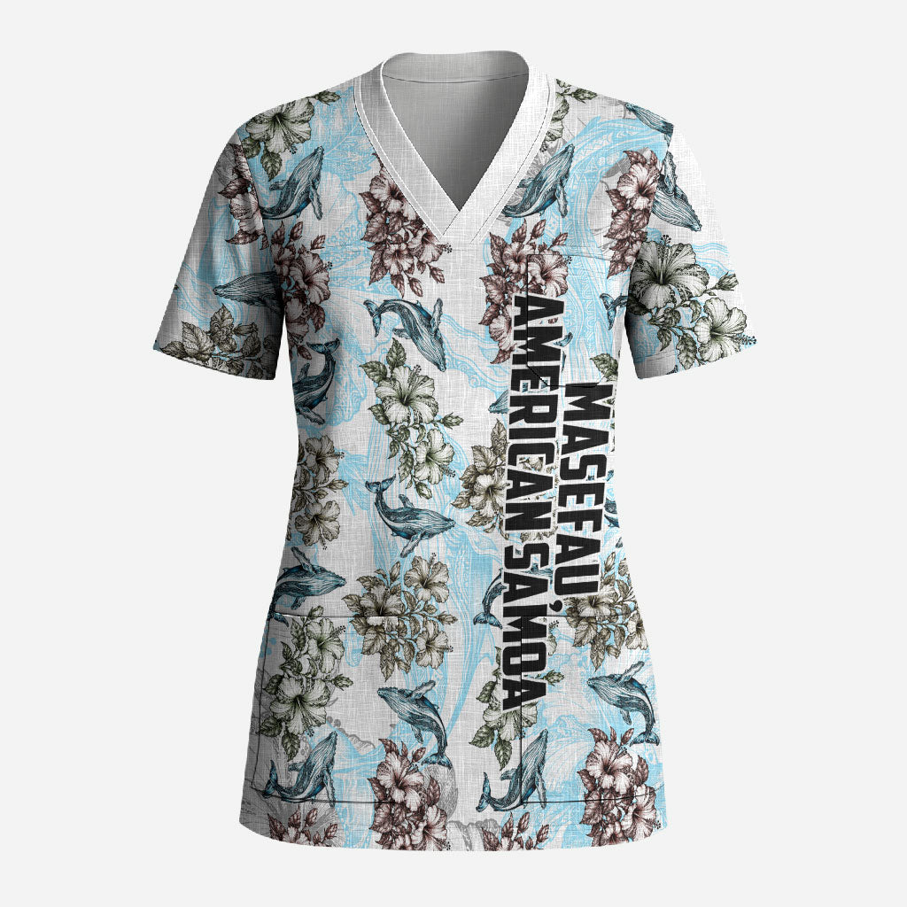 Personalized Masefau American Samoa Scrub Top Vintage Whale Hibiscus Ocean Waves TS04 Adult White Blue - Polynesian Pride