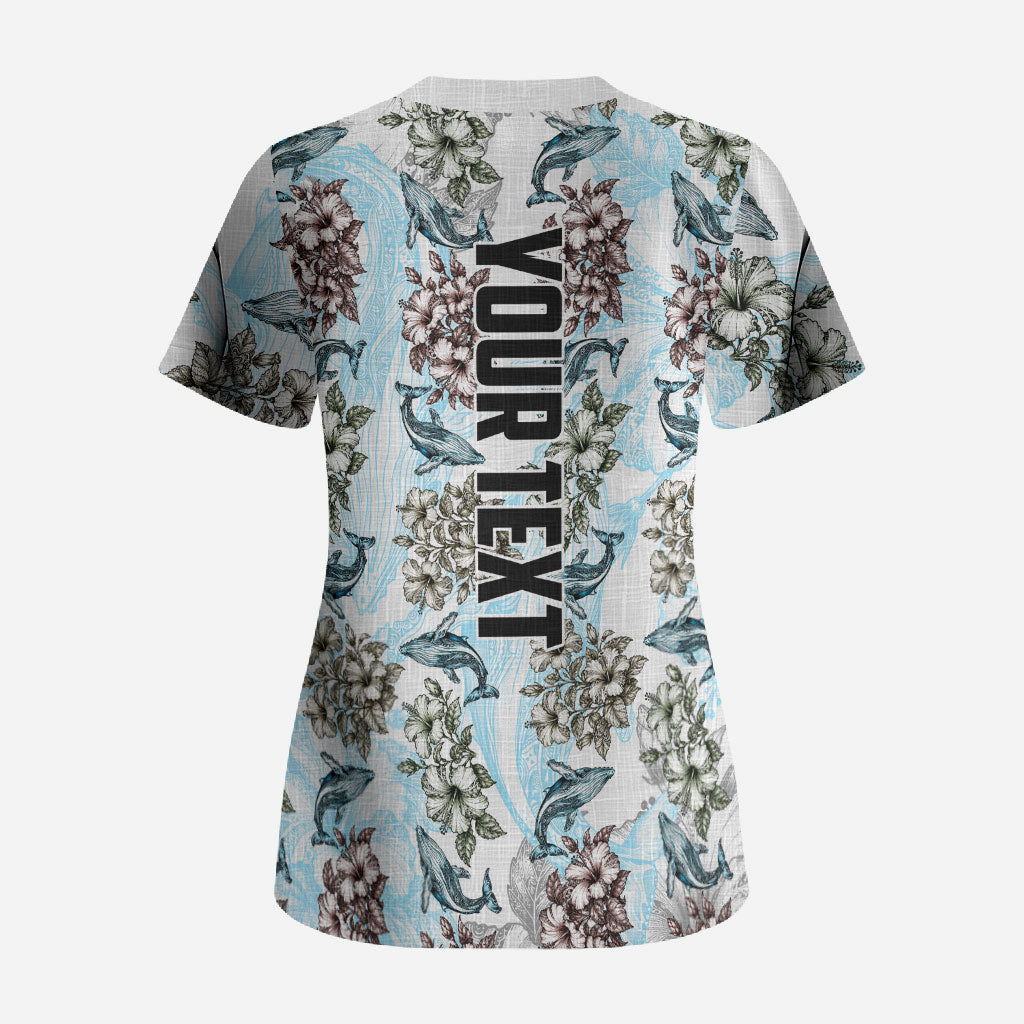 Personalized Masefau American Samoa Scrub Top Vintage Whale Hibiscus Ocean Waves TS04 - Polynesian Pride
