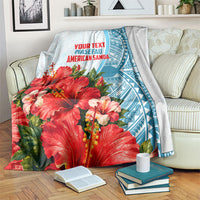 Personalized American Samoa Masefau Blanket Hibiscus Tropical Floral Whale Polynesian Tribal Pattern TS04 White Blue - Polynesian Pride