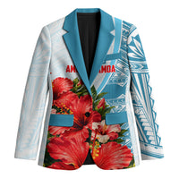 Personalized American Samoa Masefau Blazer Hibiscus Tropical Floral Whale Polynesian Tribal Pattern TS04 Unisex White Blue - Polynesian Pride