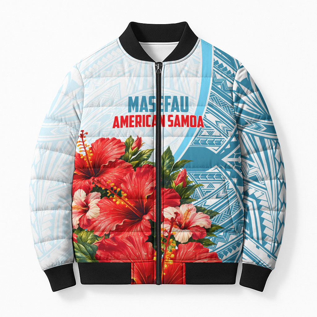 Personalized American Samoa Masefau Bomber Puffer Jacket Hibiscus Tropical Floral Whale Polynesian Tribal Pattern TS04 Unisex White Blue - Polynesian Pride