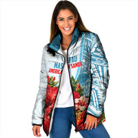 Personalized American Samoa Masefau Padded Jacket Hibiscus Tropical Floral Whale Polynesian Tribal Pattern TS04 Women White Blue - Polynesian Pride
