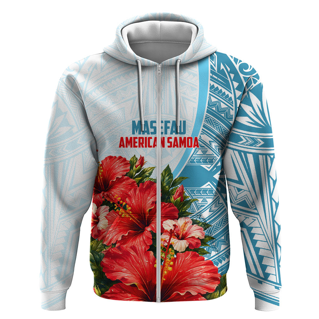 Personalized American Samoa Masefau Zip Hoodie Hibiscus Tropical Floral Whale Polynesian Tribal Pattern TS04 Zip Hoodie White Blue - Polynesian Pride