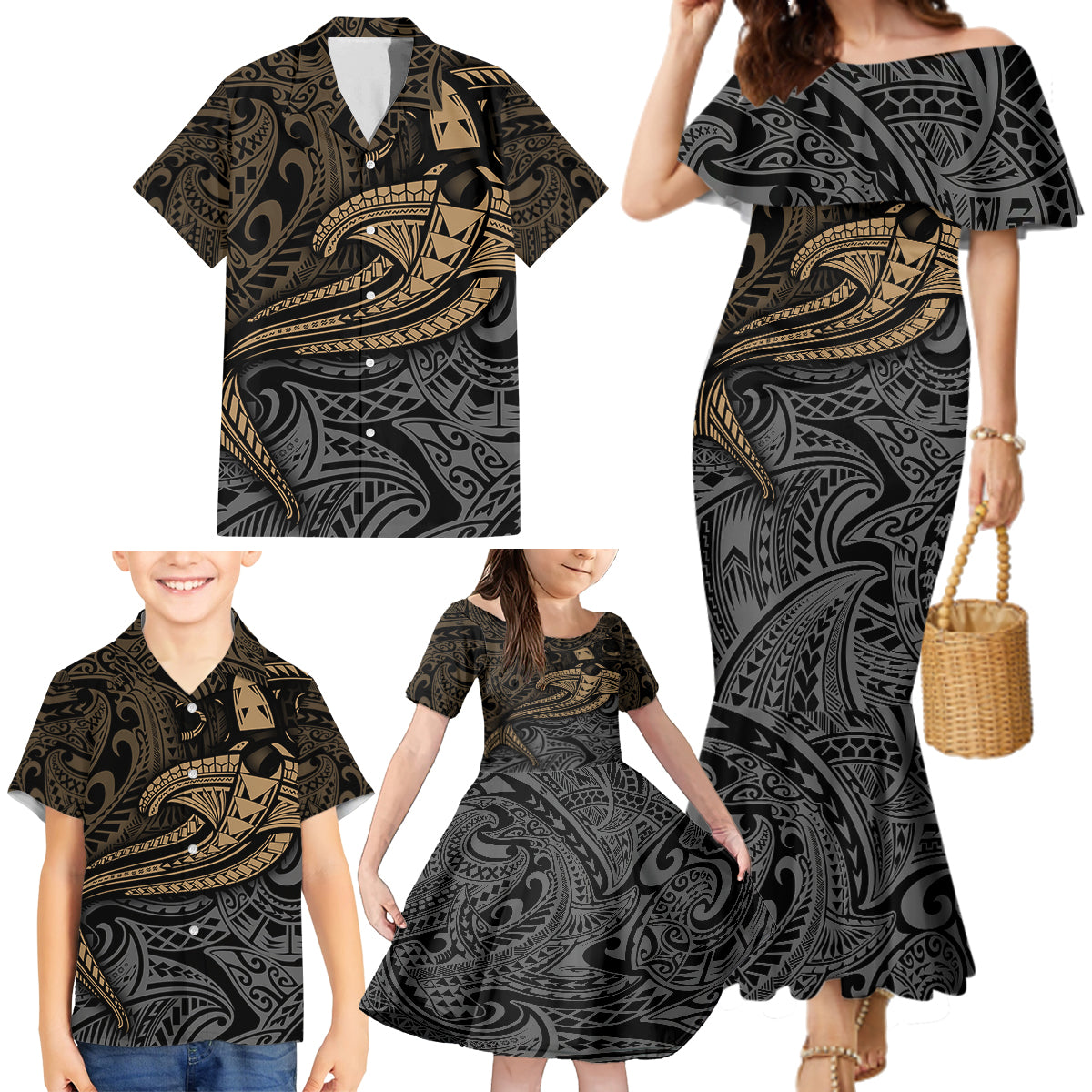 Polynesian Family Matching Mermaid Dress and Hawaiian Shirt Hammerhead Shark Tribal Pattern TS04 - Polynesian Pride