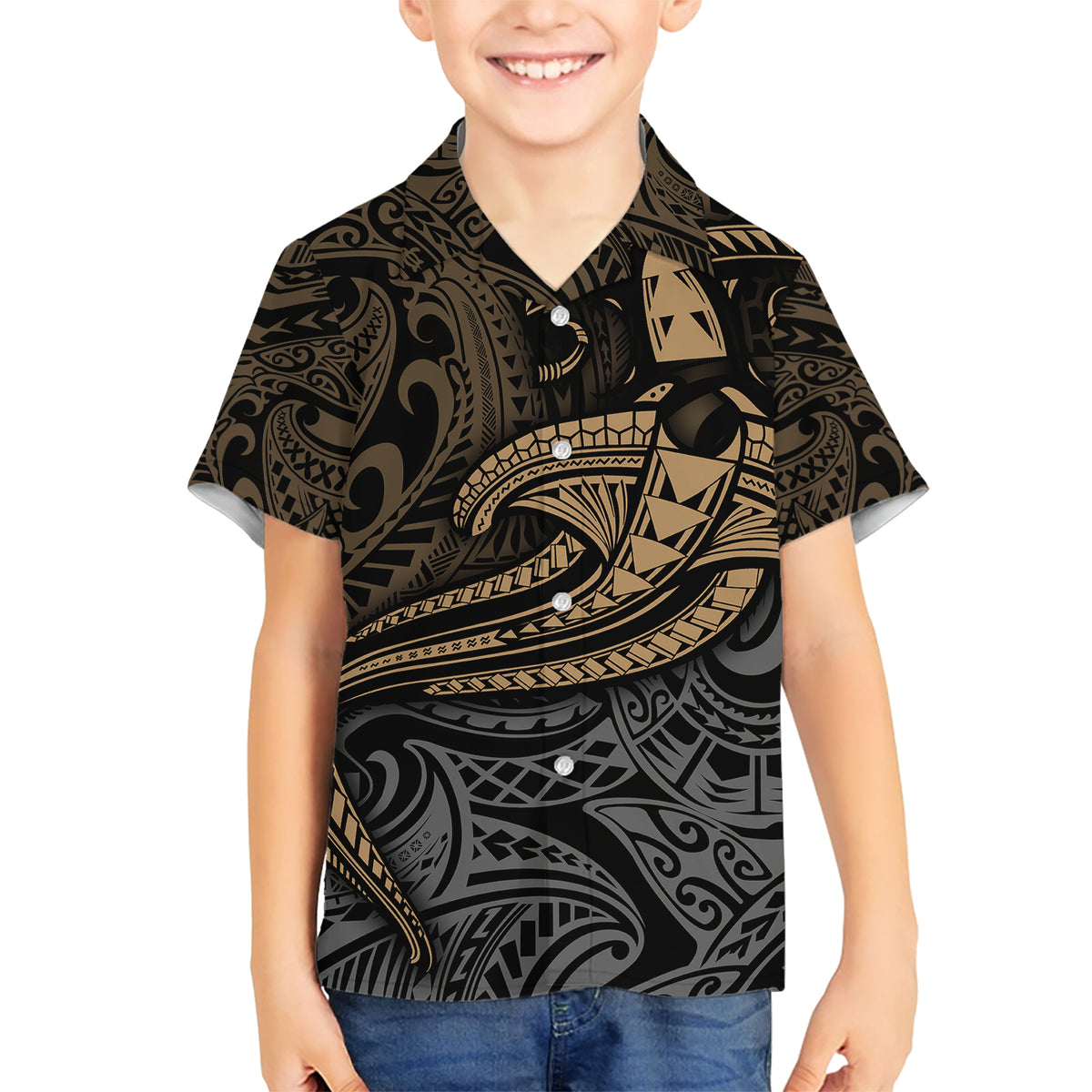 Polynesian Kid Hawaiian Shirt Hammerhead Shark Tribal Pattern TS04 Kid Black Yellow - Polynesian Pride