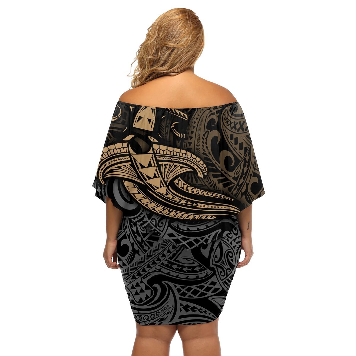 Polynesian Off Shoulder Short Dress Hammerhead Shark Tribal Pattern TS04 - Polynesian Pride