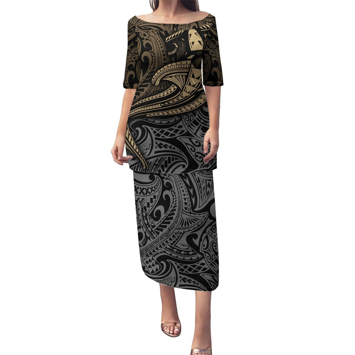 Polynesian Puletasi Hammerhead Shark Tribal Pattern TS04 Long Dress Black Yellow - Polynesian Pride