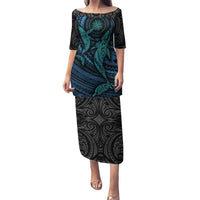 Polynesian Whale Puletasi TS04 Long Dress Black Cyan - Polynesian Pride