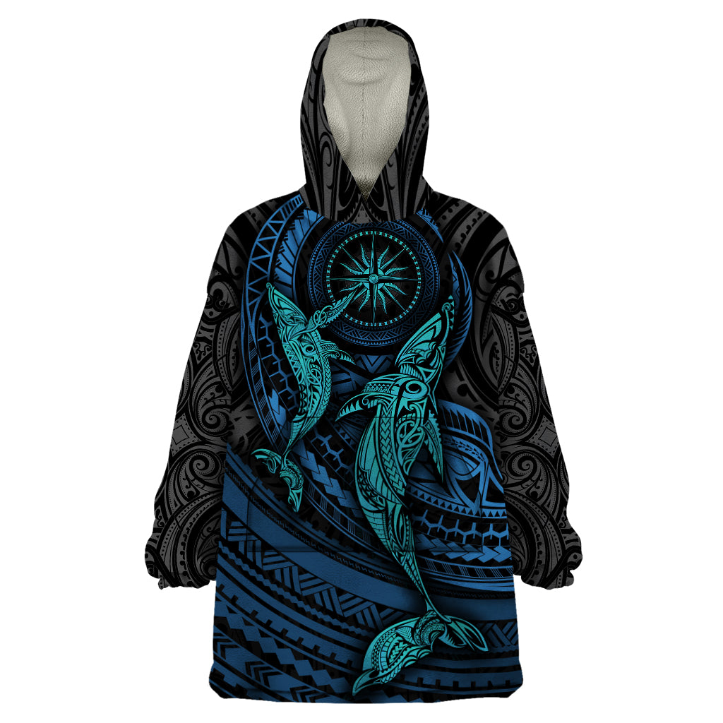 Polynesian Whale Wearable Blanket Hoodie TS04 One Size Black Cyan - Polynesian Pride