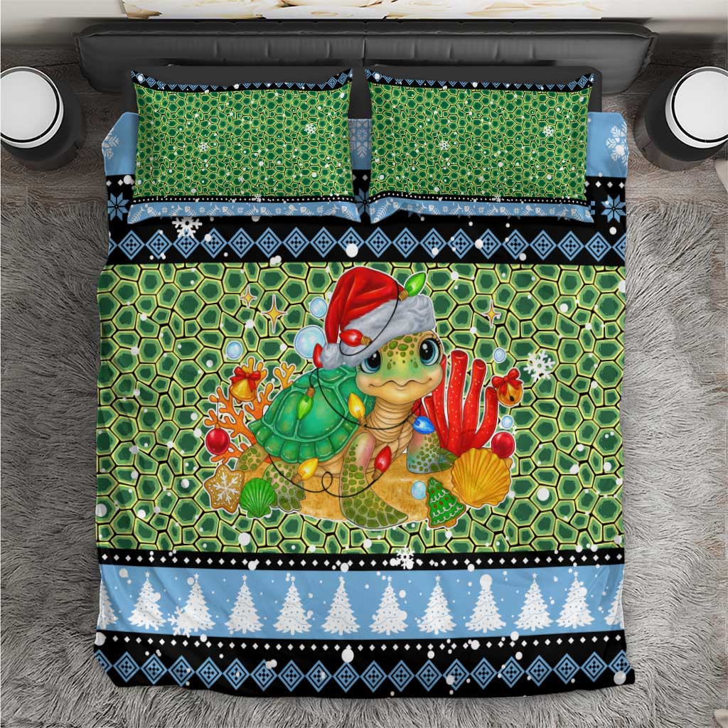 Micronesia Christmas Bedding Set with Santa Turtle Coral Reef and Holiday Ocean Pattern TS04 Black Green - Polynesian Pride