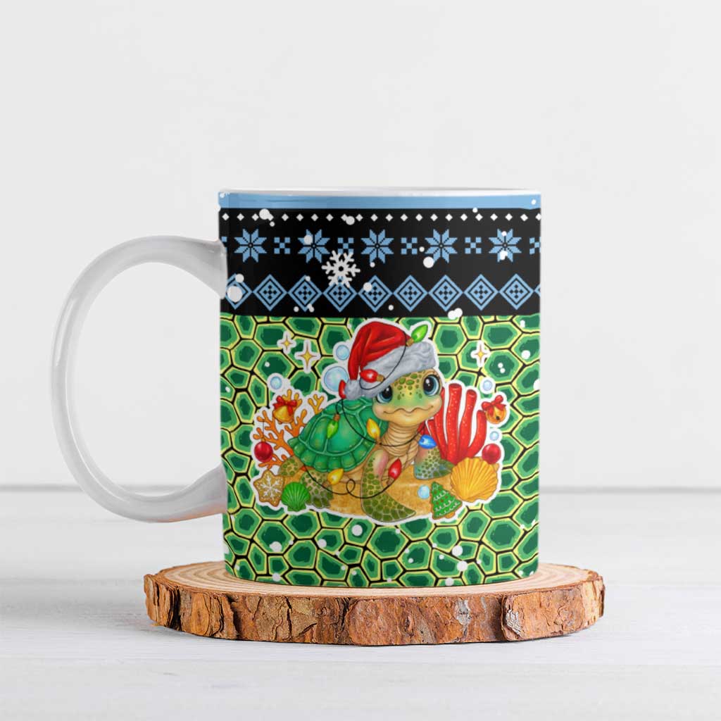 Micronesia Christmas Ceramic Mug with Santa Turtle Coral Reef and Holiday Ocean Pattern TS04 Black Green - Polynesian Pride