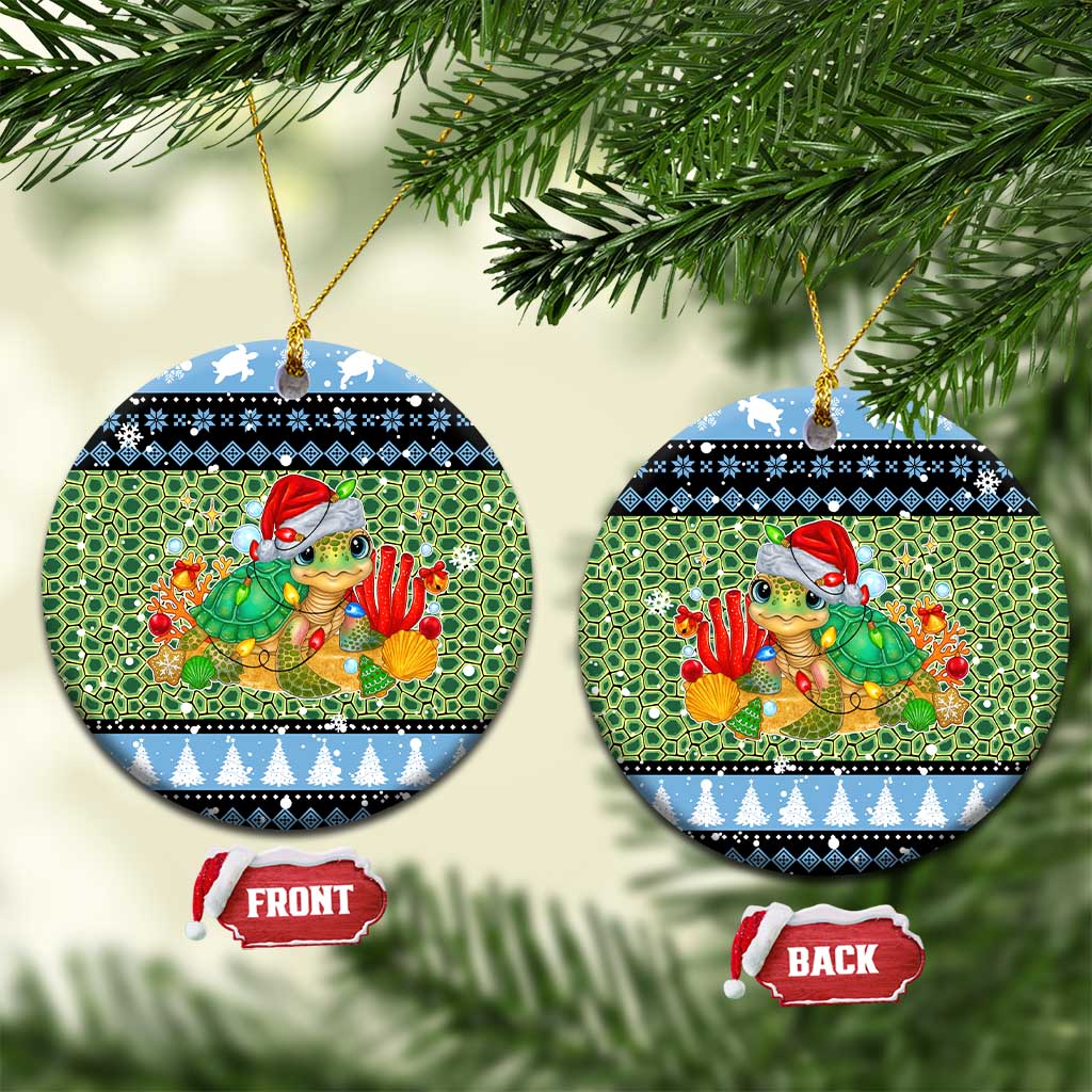 Micronesia Christmas Ceramic Ornament with Santa Turtle Coral Reef and Holiday Ocean Pattern TS04 Circle Black Green - Polynesian Pride