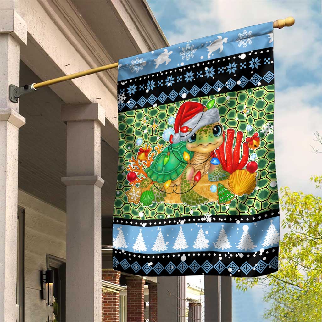 Micronesia Christmas Garden Flag with Santa Turtle Coral Reef and Holiday Ocean Pattern TS04 House Flag Black Green - Polynesian Pride