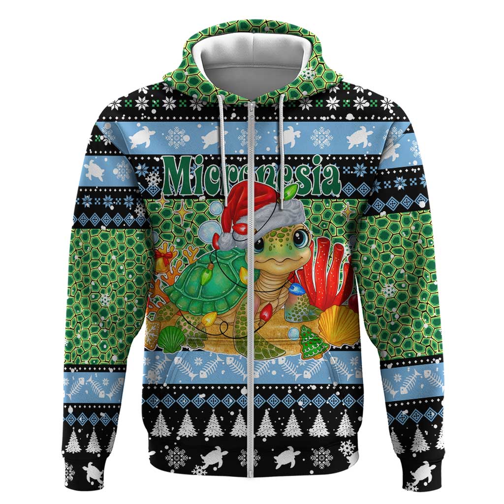 Micronesia Christmas Hoodie with Santa Turtle Coral Reef and Holiday Ocean Pattern TS04 Zip Hoodie Black Green - Polynesian Pride