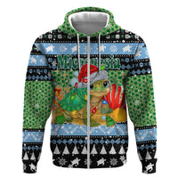 Micronesia Christmas Hoodie with Santa Turtle Coral Reef and Holiday Ocean Pattern TS04 Zip Hoodie Black Green - Polynesian Pride
