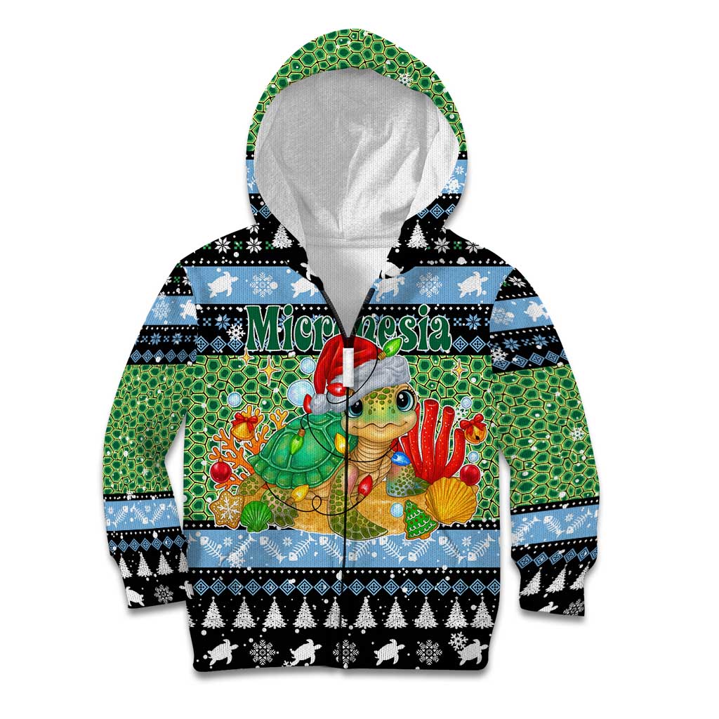 Micronesia Christmas Kid Hoodie with Santa Turtle Coral Reef and Holiday Ocean Pattern TS04 Zip Hoodie Black Green - Polynesian Pride