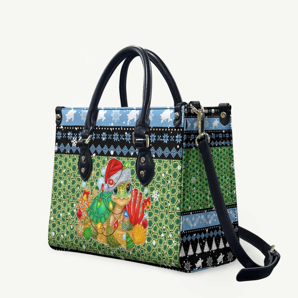Micronesia Christmas Leather Bag with Santa Turtle Coral Reef and Holiday Ocean Pattern TS04 Black Green - Polynesian Pride