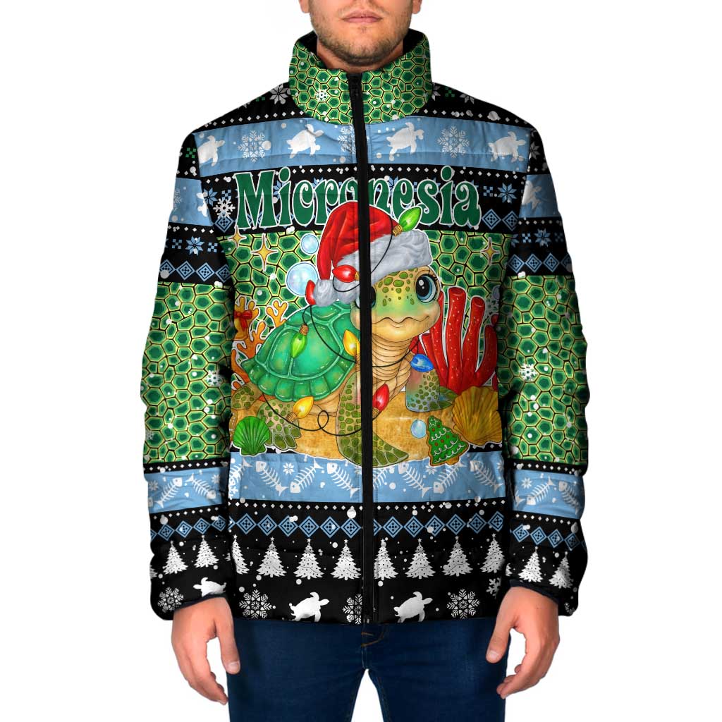 Micronesia Christmas Padded Jacket with Santa Turtle Coral Reef and Holiday Ocean Pattern TS04 Men Black Green - Polynesian Pride