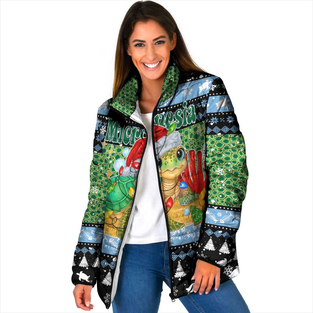Micronesia Christmas Padded Jacket with Santa Turtle Coral Reef and Holiday Ocean Pattern TS04 Women Black Green - Polynesian Pride