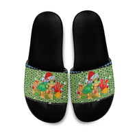 Micronesia Christmas Slide Sandals with Santa Turtle Coral Reef and Holiday Ocean Pattern TS04 Black Green - Polynesian Pride