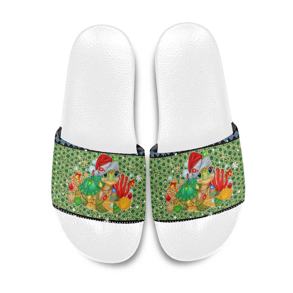 Micronesia Christmas Slide Sandals with Santa Turtle Coral Reef and Holiday Ocean Pattern TS04 Black Green - Polynesian Pride