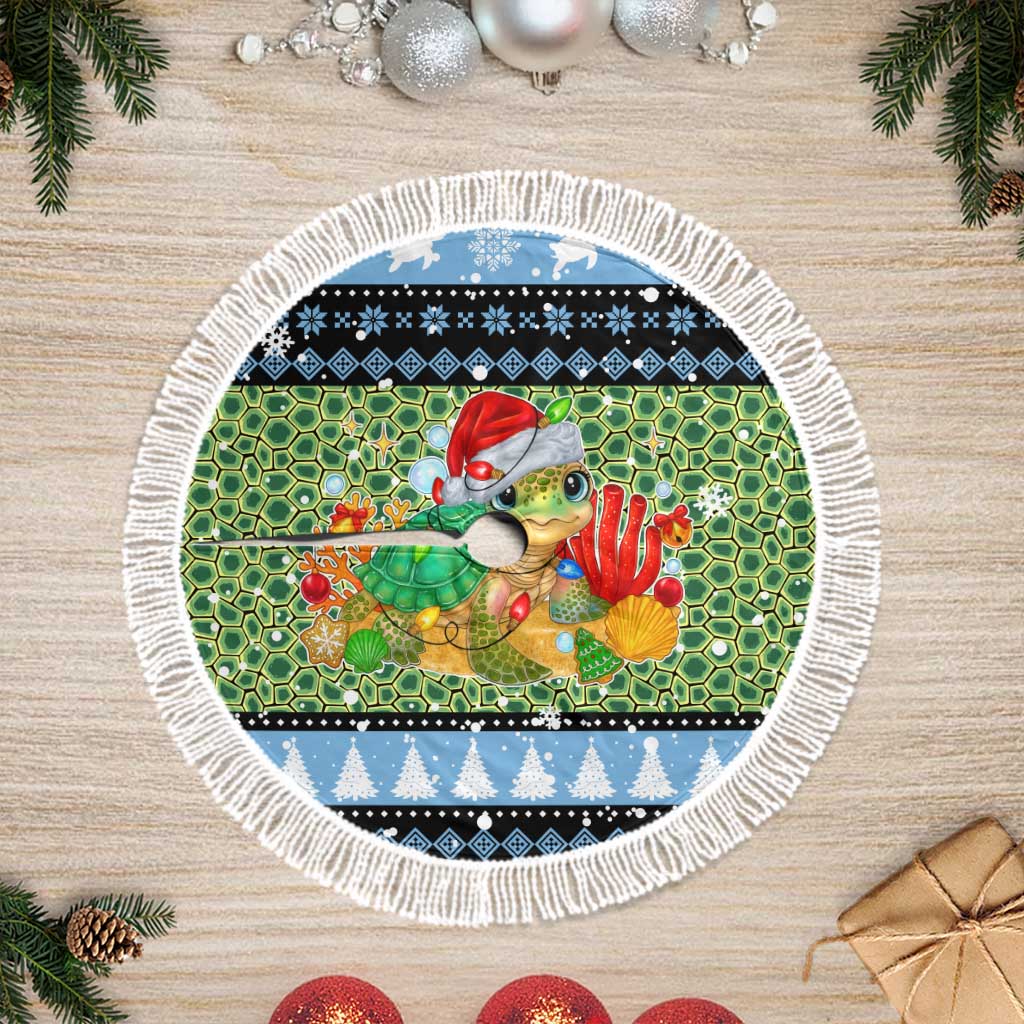 Micronesia Christmas Tree Skirt with Santa Turtle Coral Reef and Holiday Ocean Pattern TS04 Fringed Black Green - Polynesian Pride