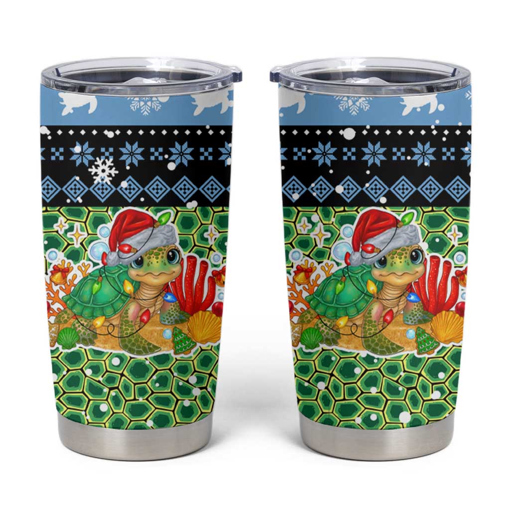 Micronesia Christmas Tumbler Cup with Santa Turtle Coral Reef and Holiday Ocean Pattern TS04 Black Green - Polynesian Pride