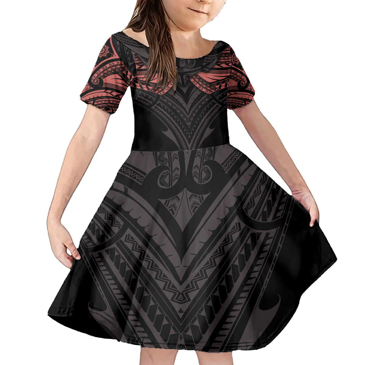 Feminine Polynesian Kid Short Sleeve Dress Mandala Tattoo Style TS04 KID Black - Polynesian Pride