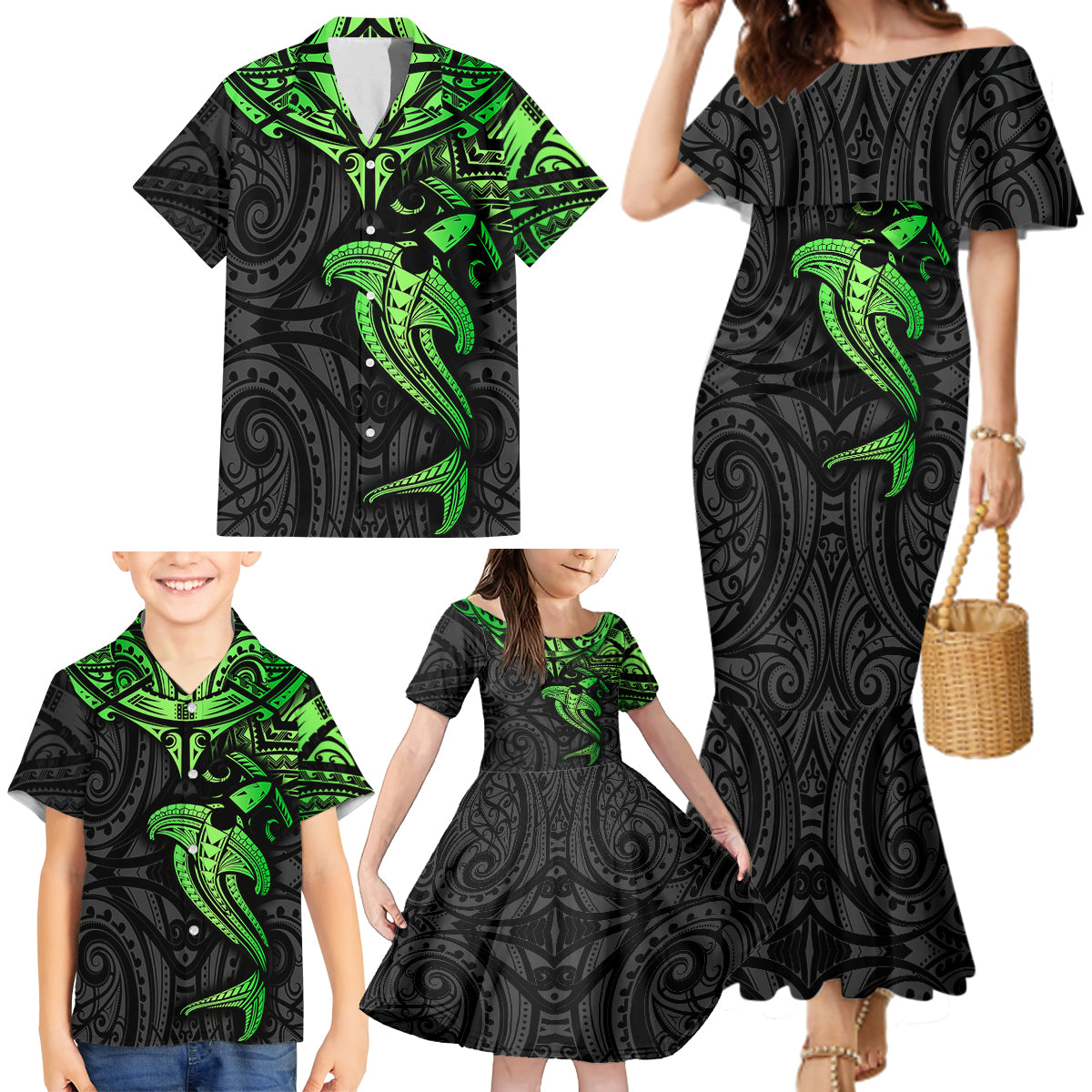 Polynesian Family Matching Mermaid Dress and Hawaiian Shirt Hammerhead Shark Tribal Pattern Black Green Version TS04 - Polynesian Pride